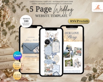 Dusty Blue Floral Wedding Website Template: Fairytale Canva Wedding Website, RSVP & Live Countdown | Digital Invitation, Save the Date