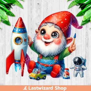 Gnome Play With Space Rocket And Astronaut Toy Png Sublimation, Boy And Kids Jpg, Teenager Gift, Universe Png, Galaxy Toy, Outer Space