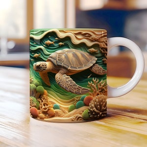 May include: White ceramic mug with a colorful illustration of a sea turtle swimming through a coral reef. The turtle is brown and has a green shell. The reef is made up of coral, seaweed, and fish.