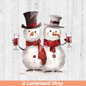 Two Snowmen Drinking Wine Watercolor Png, Red Wine Lover Jpg, Couples Wine Glass Sublimation Design, Couples Wine Glass, Gift For Christmas