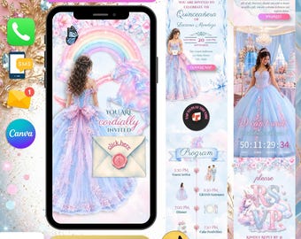 Quince RSVP Invite Website with RSVP Link | Pink and Blue Quinceanera Invitation, Editable Canva Sweet 16 XV Invitation for Unicorn Girl