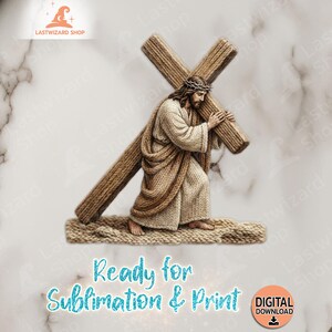 Realistic knitted style Jesus wearing crown of thorns carrying cross PNG file for faith-based DIY projects and tumblers.