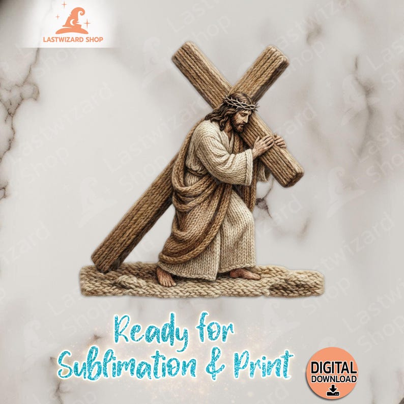 Realistic knitted style Jesus wearing crown of thorns carrying cross PNG file for faith-based DIY projects and tumblers.