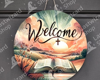 Biblia con Sunset Round Sublimation Door Hanger Diseño PNG, Letrero de puerta de bienvenida PNG redondo de 12 pulgadas, Letrero de corona, Descarga digital, Versículo bíblico