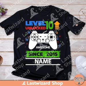 Gamer Level Up 10 freigeschaltet mit Monogramm SVG, 10 Jahre Namensetikett, Gaming, T-Shirt, Cricut, Silhouette, Png Sublimation, Geburtstagskind Geschenk