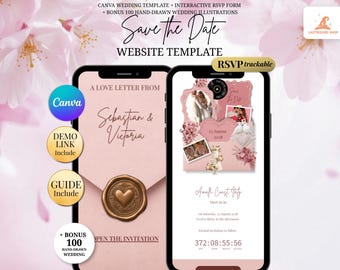 Blush Pink Save the Date Wedding Website Invitation with RSVP, Music, Countdown Timer | Romantic Digital Invitation Canva Template