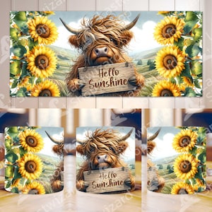 Hello Sunshine, Highland Cow Sunflower Mug Wrap 11oz & 15oz Mug Wrap Template, Mug Sublimation Design, Digital Download, Cow Farm, Farmer