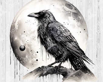 Gothic Raven Moon PNG, Retro Mystical Full Moon Sublimation Design, Dark Academia Clipart, Digital Download, Transparent Background