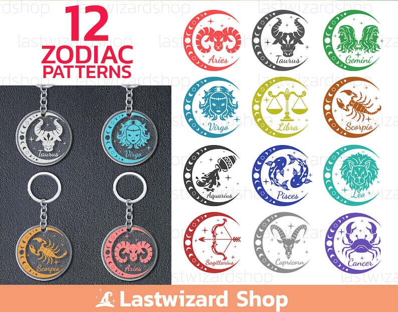 Minimalist celestial zodiac keychain SVG bundle for laser cutting machines featuring all twelve horoscope signs in a modern circular design.
