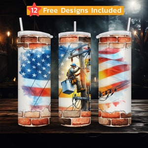 Seamless 20oz skinny tumbler wrap sublimation png featuring a patriotic power lineman and distressed american flag