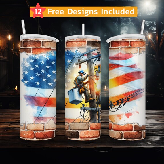 Patriotic Power Lineman 20oz Tumbler Wrap PNG, American Flag Electrician Sublimation Design, Utility Worker Cup Download