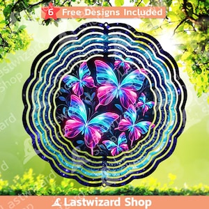 Neon Butterflies Wind Spinner Png, Neon Butterfly Wind Spinner Sublimation Template Png, Windspinner Design, Digital, Artful Butterfly Png