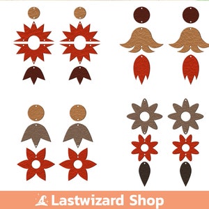 Puede incluir: Archivos de corte digital para pendientes con un diseño de flor en capas de color marrón, naranja y rojo. Los archivos están disponibles en los formatos JPG, PNG, EPS, DXF y SVG.