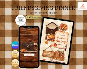 Friendsgiving Dinner Website Template With RSVP | Thanksgiving Party Invitation Template Fall Theme | Editable Canva Paperless Design