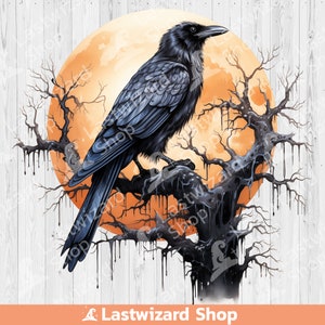May include: A black raven perched on a bare tree branch against a backdrop of a large, orange moon. The tree is dripping with black paint, creating a spooky and eerie atmosphere.