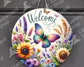 Mariposas con flores, colgador de puerta de sublimación redonda, diseño PNG, letrero de puerta de bienvenida, PNG redondo de 12 pulgadas, letrero de corona, descarga digital