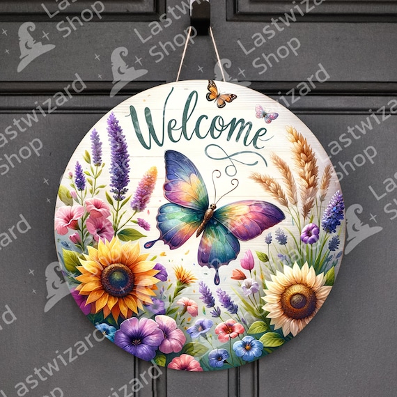Welcome Sign Butterfly PNG Floral Round Door Design Printable Porch Decor Sublimation Graphics Instant Download Farmhouse Wreath Wrap