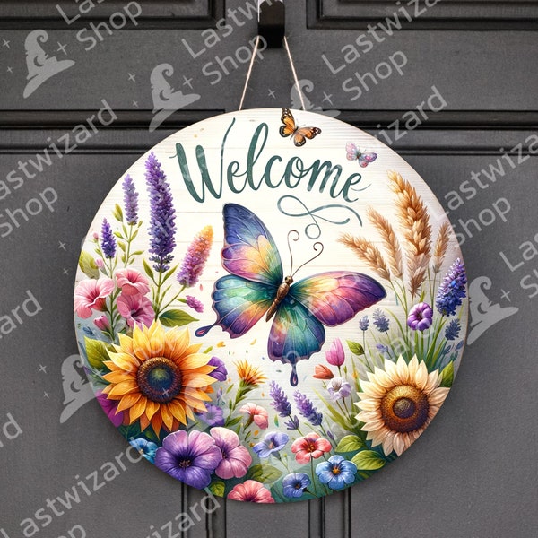 Butterflies with Flowers Round Sublimation Door Hanger PNG Design, Welcome Door Sign 12 Inch Round PNG, Wreath Sign, Digital Download