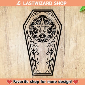 May include: Black and white illustration of a pentagram inside a coffin with floral designs. The pentagram is a five-pointed star with a circle around it.