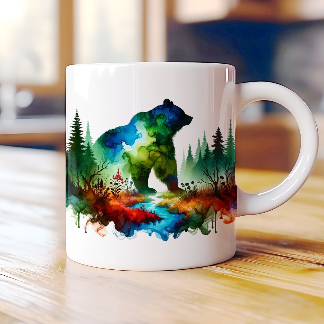 Watercolor Bear Mug Wrap PNG, Alcohol Ink Grizzly Sublimation Design ...