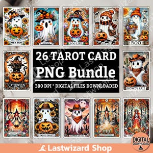Pacote 26 Cartas de Tarô Fantasma Fofas PNG, Design de Sublimação de Halloween, Clipart de Fantasma Assustador de Outono em Aquarela, Pacote de Abóbora PNG, Bruxa PNG