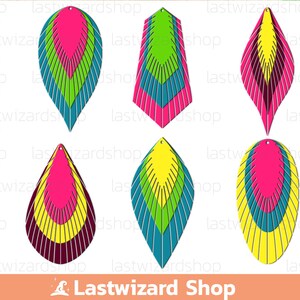 May include: Set of six layered teardrop shaped earrings in various colours. The earrings are made of layered wood with a pink, yellow, green, and blue colour scheme.