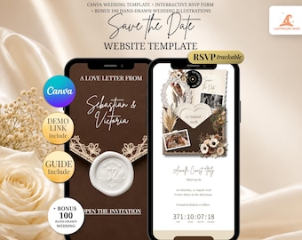 Brown and Ivory Save the Date Wedding Website Invitation RSVP, Music, Countdown: Espresso Old Money Digital Invitation Canva Template