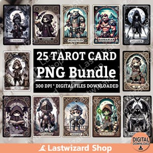 Paquete de 25 cartas de tarot de juegos de fantasía PNG, diseño de sublimación de jugador de rol, clipart de diseño de personajes, paquete de maestro de juego PNG, descarga digital