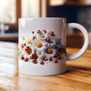 3d Ladybug With Daisy Mug Wrap 11oz & 15oz Mug Wrap Template, Floral Ladybug Mug Sublimation Design, Digital Download, Gifts For Her
