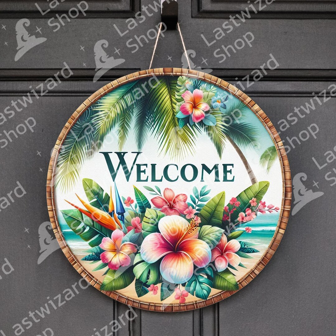 Tropical Flower Welcome Sign PNG, Hawaii Hibiscus Round Door Hanger ...