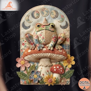 May include: A whimsical, patchwork frog wearing a pointed hat, perched atop a mushroom. The frog has floral and plaid patterned arms and legs. The background features a crescent moon design and colorful flowers. The image has a "Digital Download" label.