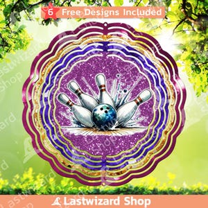 May include: A purple and gold metal wind spinner with a bowling ball and pins design. The wind spinner has a glitter finish and is shaped like a circle.