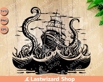 Shipwreck with Octopus Tentacles svg, Pirate wreck svg, kraken svg, Tentacles Svg, Tattoo, Vinyl Cutter, Cricut, silhouette, png sublimation