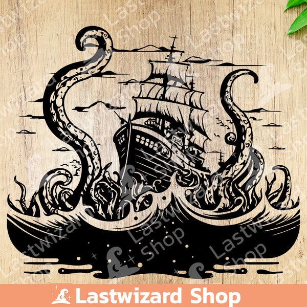 Vintage Kraken Shipwreck SVG, Nautical Mythical Octopus Cut File, Pirate Legend Maritime Sublimation, Ocean Monster Sailor Gift Digital Art