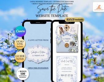Light Blue Chinoiserie Wedding Website, Save the Date Invitation with RSVP, Blue Toile Editable Canva Template for Mobile card