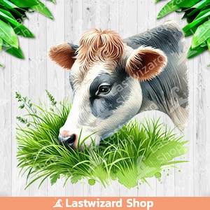 Cow Munching on Grass PNG, Watercolor Dairy Cow Sublimation Design, Holstein Cow Farm Clipart, Milk Cow PNG, Animals Farmer PNG, Digital