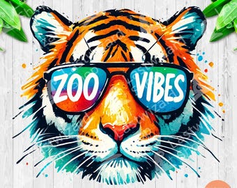 Zoo Vibes Tiger PNG mit Sonnenbrille, Safari-Tier-Sublimationsdesign, coole Tiger Clipart für Feldreise-Shirts, Dschungel-Schulausflugskunst