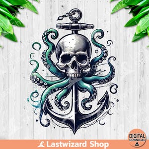 Octopus Skull And Anchor PNG, Octopus Tentacles With Skull Face Sublimation Design, Watercolor Clipart, Kraken Skull PNG, Digital Download