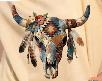 Western Patchwork Cow Skull PNG, Boho Floral Aztec Bull Skull Sublimation Design, Denim Texture Southwestern Graphic, Retro Country