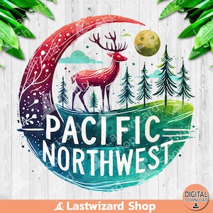 Può includere: Un'illustrazione ad acquerello di un cervo in piedi in un bosco con il testo "PACIFIC NORTHWEST" in un cerchio colorato.