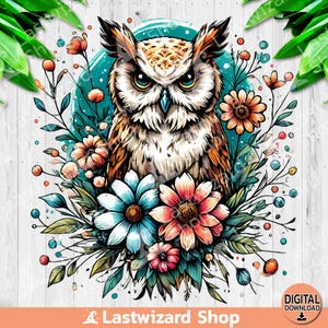 Hibou avec fleurs PNG, sublimation design floral hibou, aquarelle hibou avec des cliparts fleur, amateurs d'oiseaux PNG, chouette effraie des cloches Png, téléchargement numérique