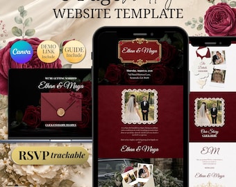 Classic Wedding Invitation Template For Romantic & Glamorous Couples | Burgundy Rose Wedding Website | Eco Wedding Invitation Template