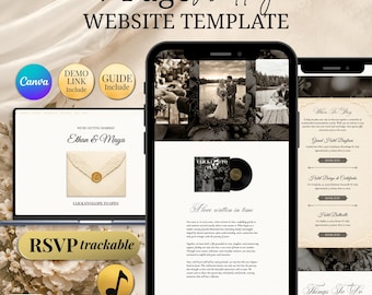 Editable Wedding Website Template Ivory | Lace Wedding Invitations Canva Download Vintage For Manor Wedding Couples Interactive RSVP