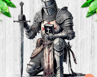 Puede incluir: Un caballero arrodillado con armadura completa, sosteniendo un libro con una cruz en la portada. El caballero lleva una túnica roja y blanca y un casco con visera. El caballero sostiene una espada en su mano izquierda.