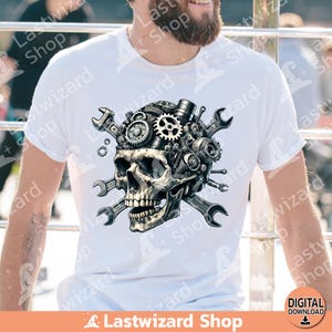 Rustic industrial mechanic skull clip art for toolbox stickers, automotive themed tumbler wraps, and vintage repair shop decorations.