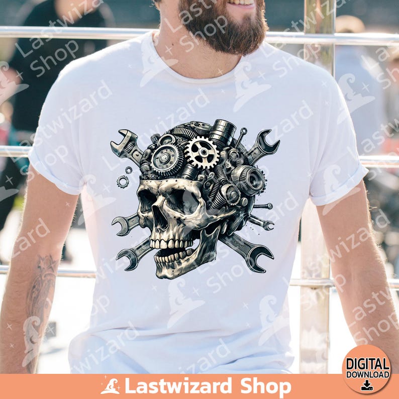 Rustic industrial mechanic skull clip art for toolbox stickers, automotive themed tumbler wraps, and vintage repair shop decorations.