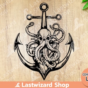 Octopus and Anchor Svg, Pirate Flag Svg, Kraken Skull with Anchor Svg, Pirate Captain T shirt, Ocean PNG File, T shirt, Wall Decor, Cricut