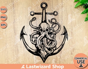 Octopus and Anchor Svg, Pirate Flag Svg, Kraken Skull with Anchor Svg, Pirate Captain T shirt, Ocean PNG File, T shirt, Wall Decor, Cricut