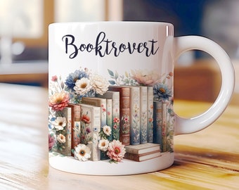 Booktrovert Floral Books Mug Wrap 11oz & 15oz Mug Wrap Vorlage, Bücher mit Blumenbecher Sublimation Design, digitaler Download, Buchliebhaber