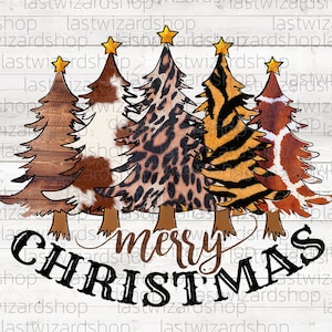Cheetah Christmas Trees Png, Cow Skin Christmas Trees Png, Leopard Boho Christmas Trees Sublimation Design, Watercolor Pine Trees Png